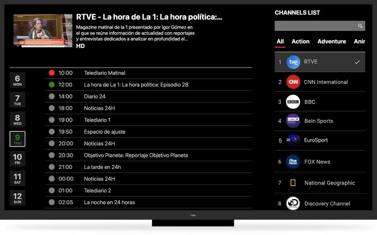 Reflexsat IPTV IPTV electronic programme guide (EPG) showing the live TV schedule by channel