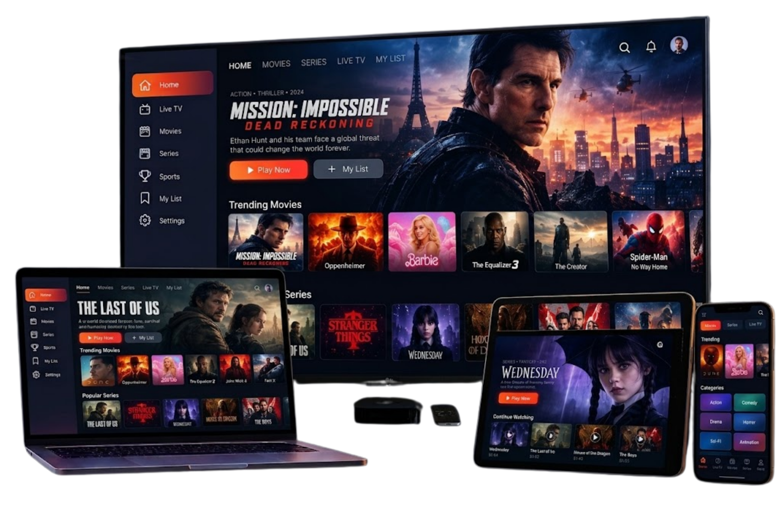 Multi-screen IPTV: Reflexsat IPTV playing on a TV, a tablet and a smartphone at the same time